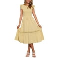 thumbnail image 1 of Vestido Midi Boho Chic de Verano para Mujer con Mangas de Volante, Encaje, Fruncido y Volantes, Fluido para Playa, Color Amarillo, 1 of 6