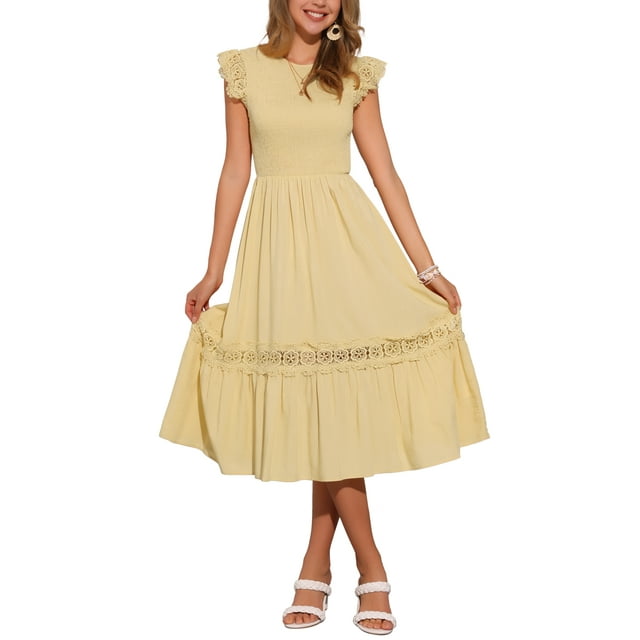 Vestido Midi Boho Chic de Verano para Mujer con Mangas de Volante, Encaje, Fruncido y Volantes, Fluido para Playa, Color Amarillo