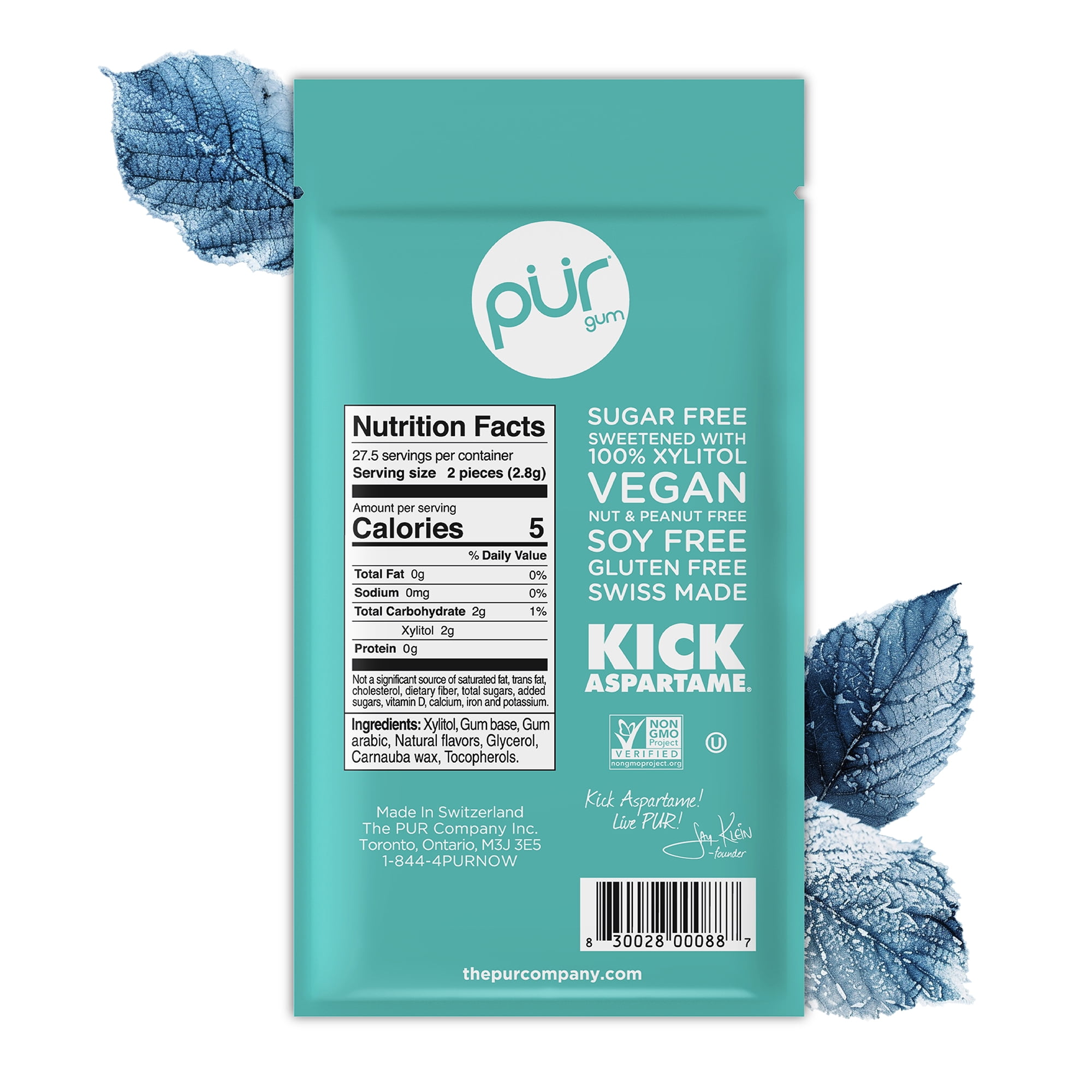 PUR Gum, Wintergreen, Aspartame Free, Sugar Free & 100% Xylitol Chewing Gum, 55 Pieces, Pack of 12