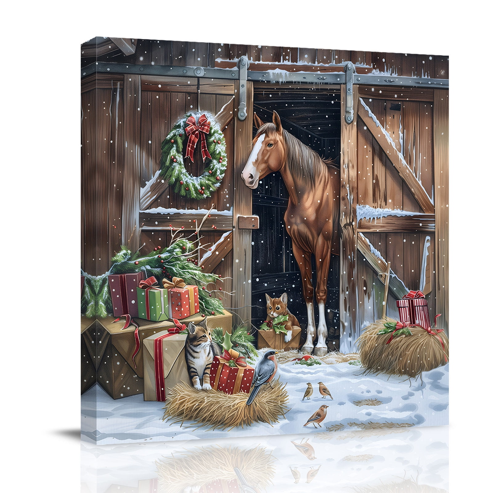 Canvas Wall Art Christmas Framed Canvas Prints for Bathroom Desk Farmhouse Christmas Wreath Horse Winter Small Gallery Wrapped Wall Decor for Home Office Gifts 8 x8 Ship Next Day