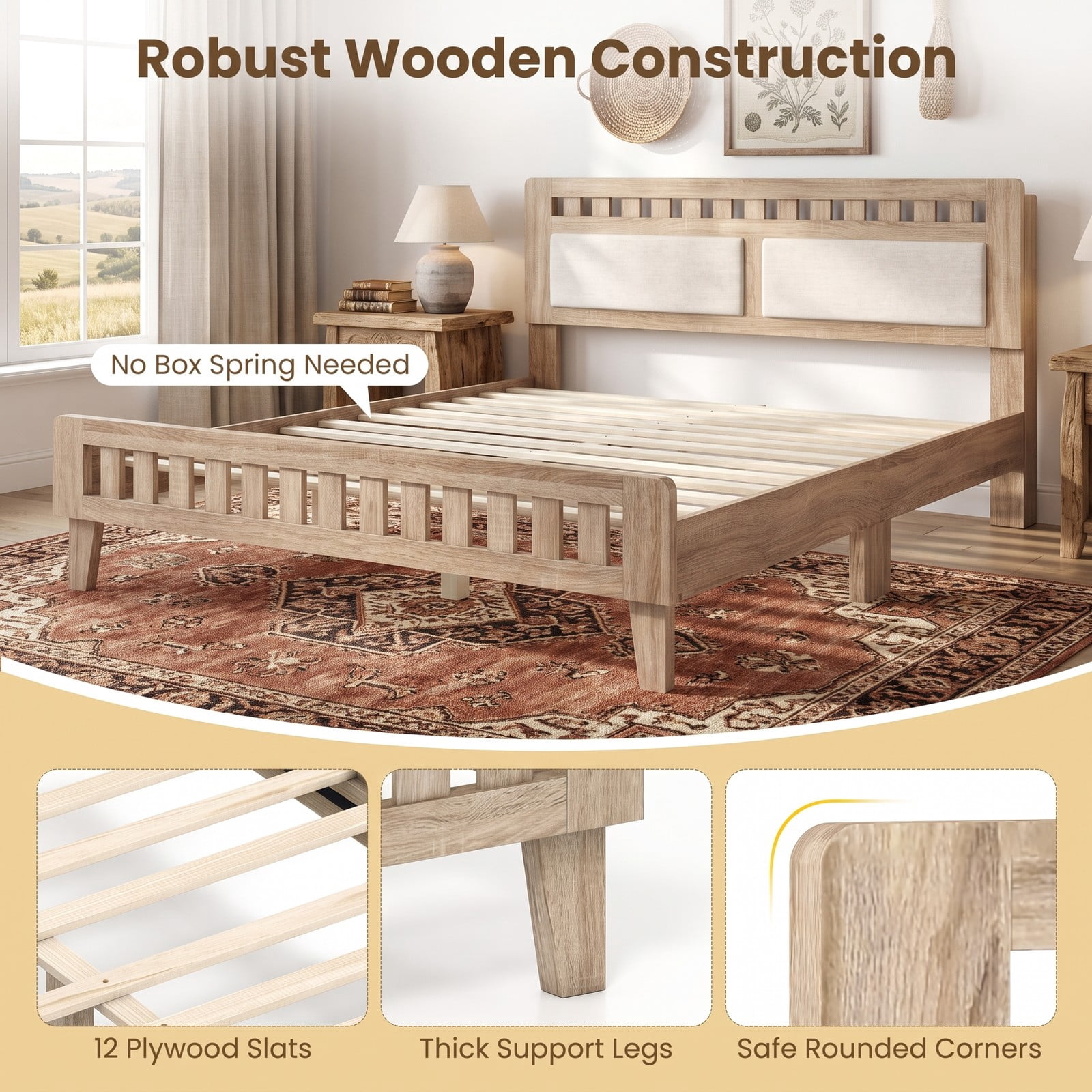 Furnibear Queen Bed Frame Wood Platform Bed with Upholstered Fabric Headboard and 12 Plywood Slat Support, Rustic Oak