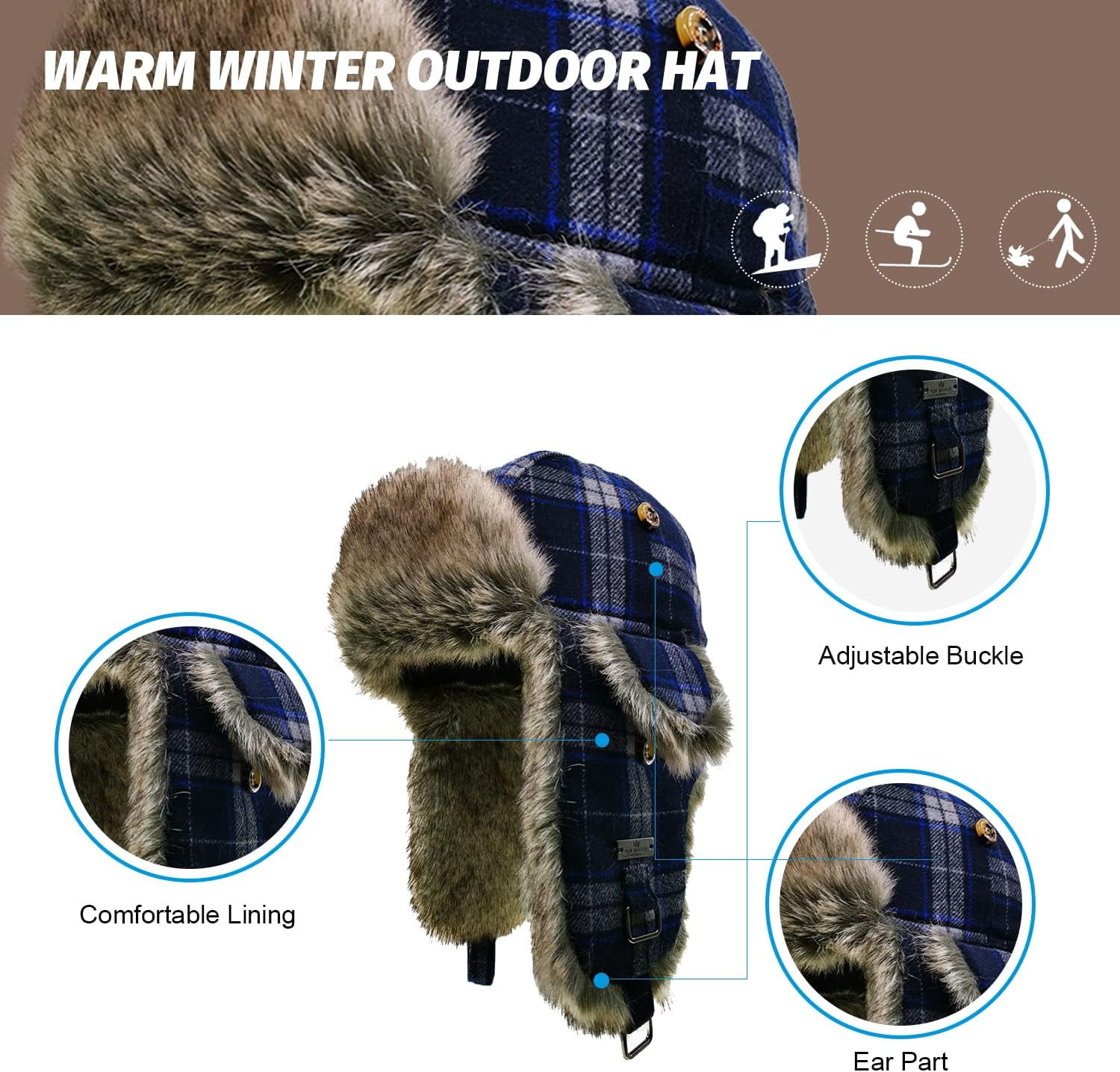 Fur Winter Trapper Hat,Wool Faux Fur Aviator Ski Trapper Trooper Pilot Snow Eskimo Hat with Ear Flaps for Men & Women