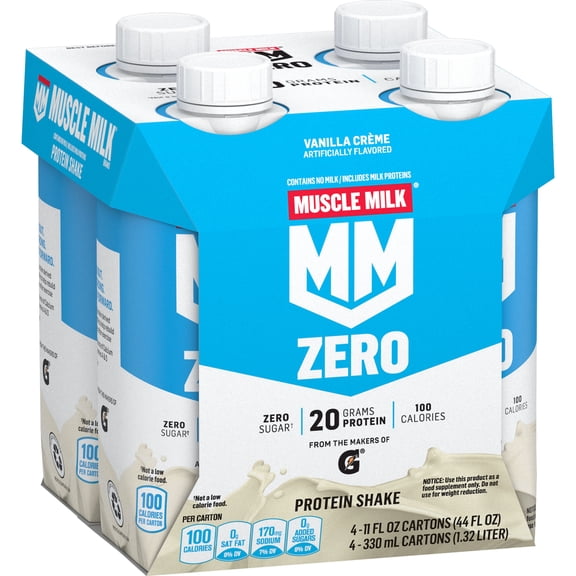 Muscle Milk Zero Protein Shake Vanilla Creme, 11.16 Fl Oz Bottle, 4 Pack, 20g Protein, Zero Sugar, 100 Calories, Calcium, Vitamins A, C & D, 4g Fiber, Energizing, Workout Recovery, Packaging May Vary