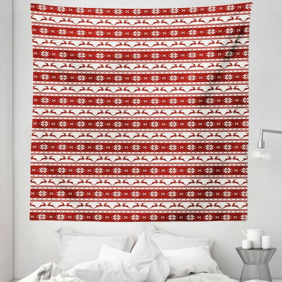 Christmas Tapestry, Xmas Winter Themed Deers Snowflakes in Nordic Pattern Borders and Lines Art, Fabric Wall Hanging Decor for Bedroom Living Room Dorm, 5 Sizes, Ruby White, by Ambesonne