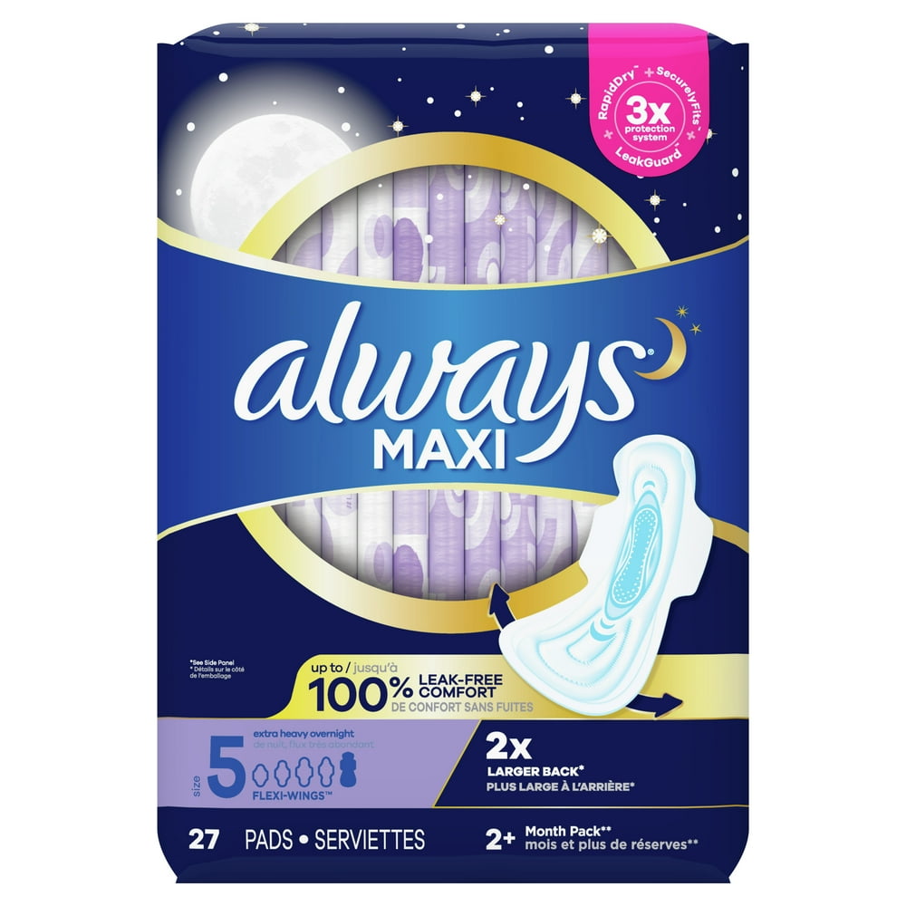 Always Maxi Overnight Pads with Wings, Unscented, Size 5, 27 ct