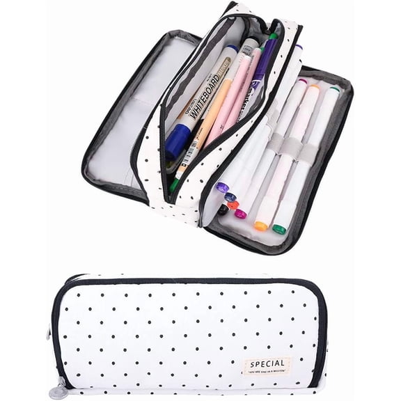 Large Pencil Case Big Capacity Pencil Pouch,3 Compartments Canvas Pen Bag With Zipper,Black Polka Dot Marker Organizer Holder For Office Supplies,Cute Pencil Bag, Art Supplies,Pencil Case Polka Dot