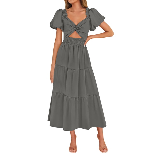 Mgmyaa Robe d'Été Bohème à Manches Bouffantes Ligne A Décontractée Longue Robe Smockée Col en V Peplum