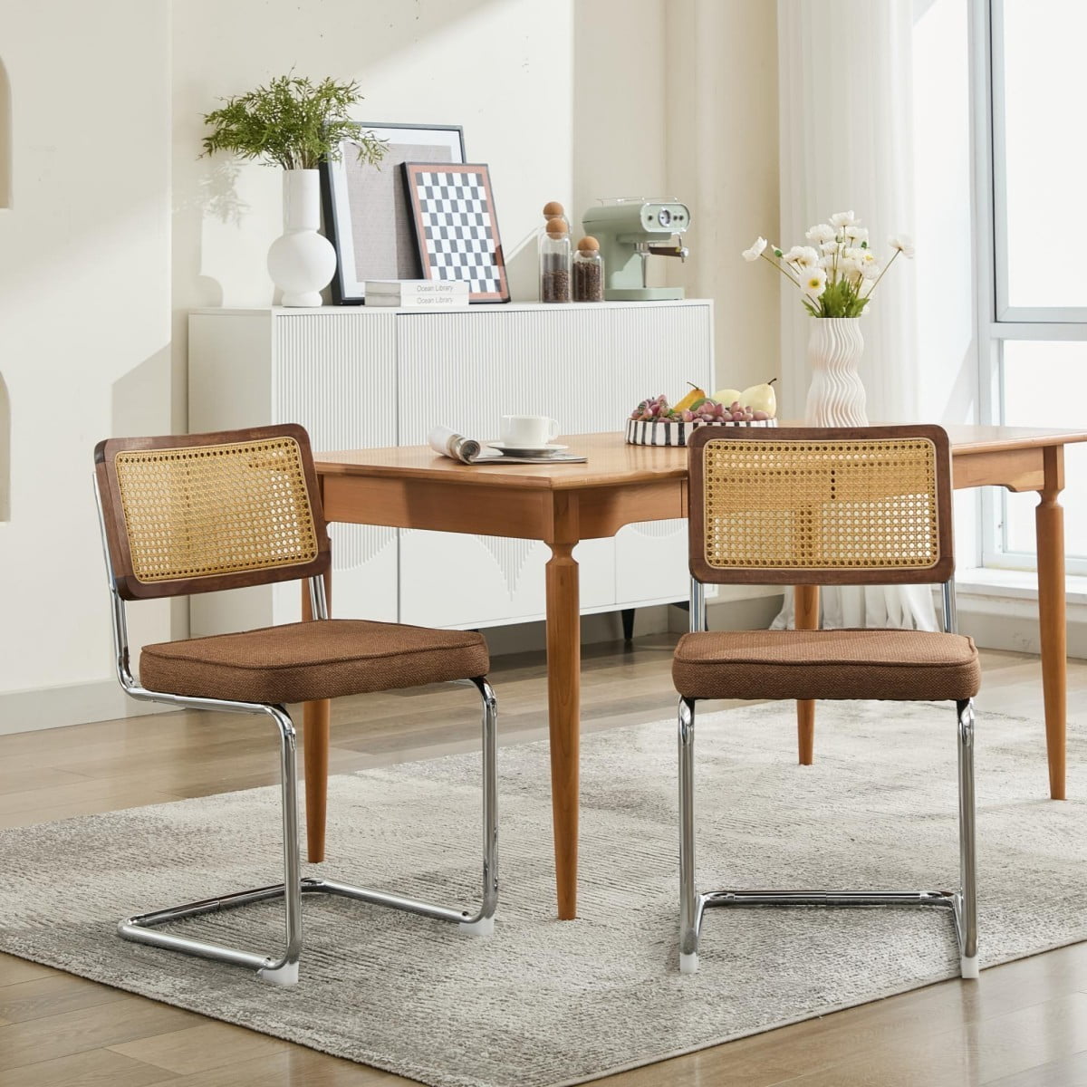 Dining Chairs Set of 2, Mid Century Modern Velvet Accent Chairs with Natural Rattan Back, Chrome Cantilever Base, Coffee