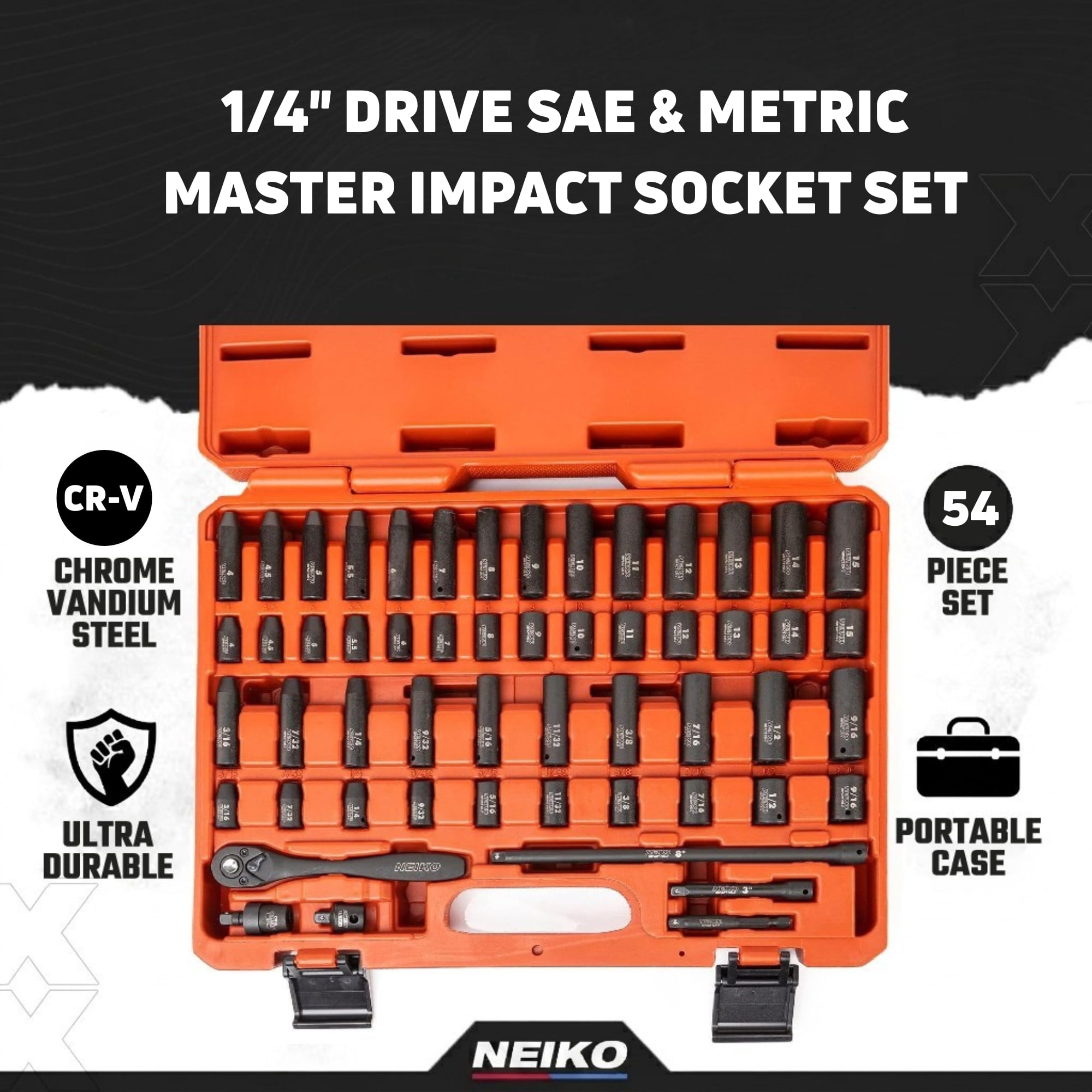 NEIKO 02437A 1/4 Drive Impact Socket Set 54 Piece Metric & Standard, Deep & Shallow Chrome Vanadium Steel 3/8” to 1/4” Reducer Hex Shank Adapter, Metric and Standard, Deep Socket Set