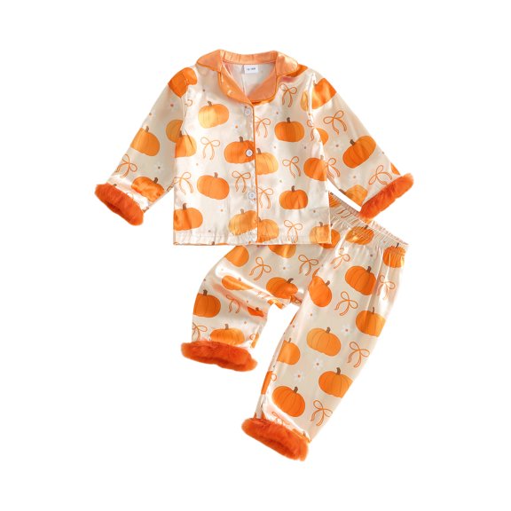 RUINIXCW Kids Toddler Baby Girl Halloween Silk Stain Pajamas Set Girls Fall Sleepwear Pumpkin Bread Print Lapel V Neck Furry Long Sleeve Button Down Shirt and Pants Set Loungewear Homewear 1-7 Years