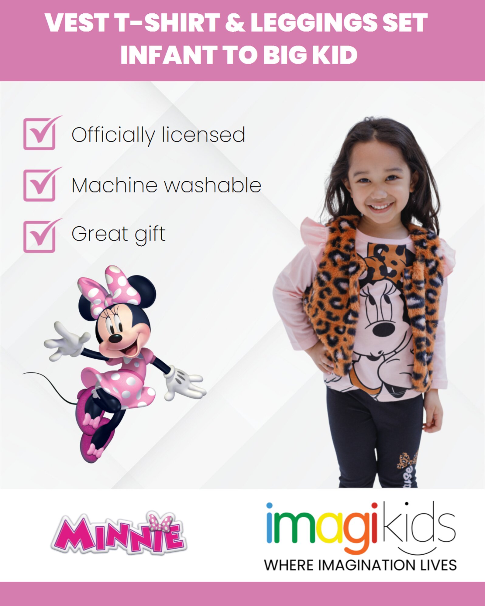 Disney Minnie Mouse Infant Baby Girls Vest T-Shirt and Leggings 3 Piece Outfit Set Brown / Pink / Black 24 Months