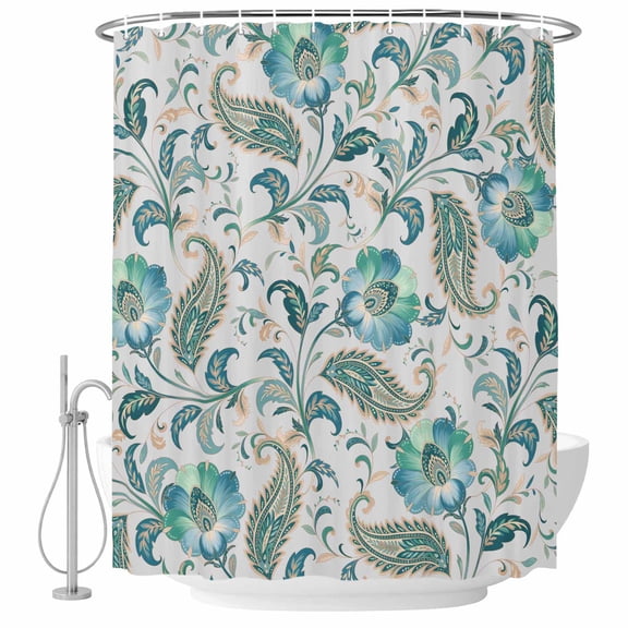 Teal Paisley Floral Shower Curtain, Waterproof Shower Curtains for Bathroom, Boho Ethnic Tribe Traditional Washable Fabric Bathtub Curtain Set Bath Decor with 12 Hooks Long 72"x84"