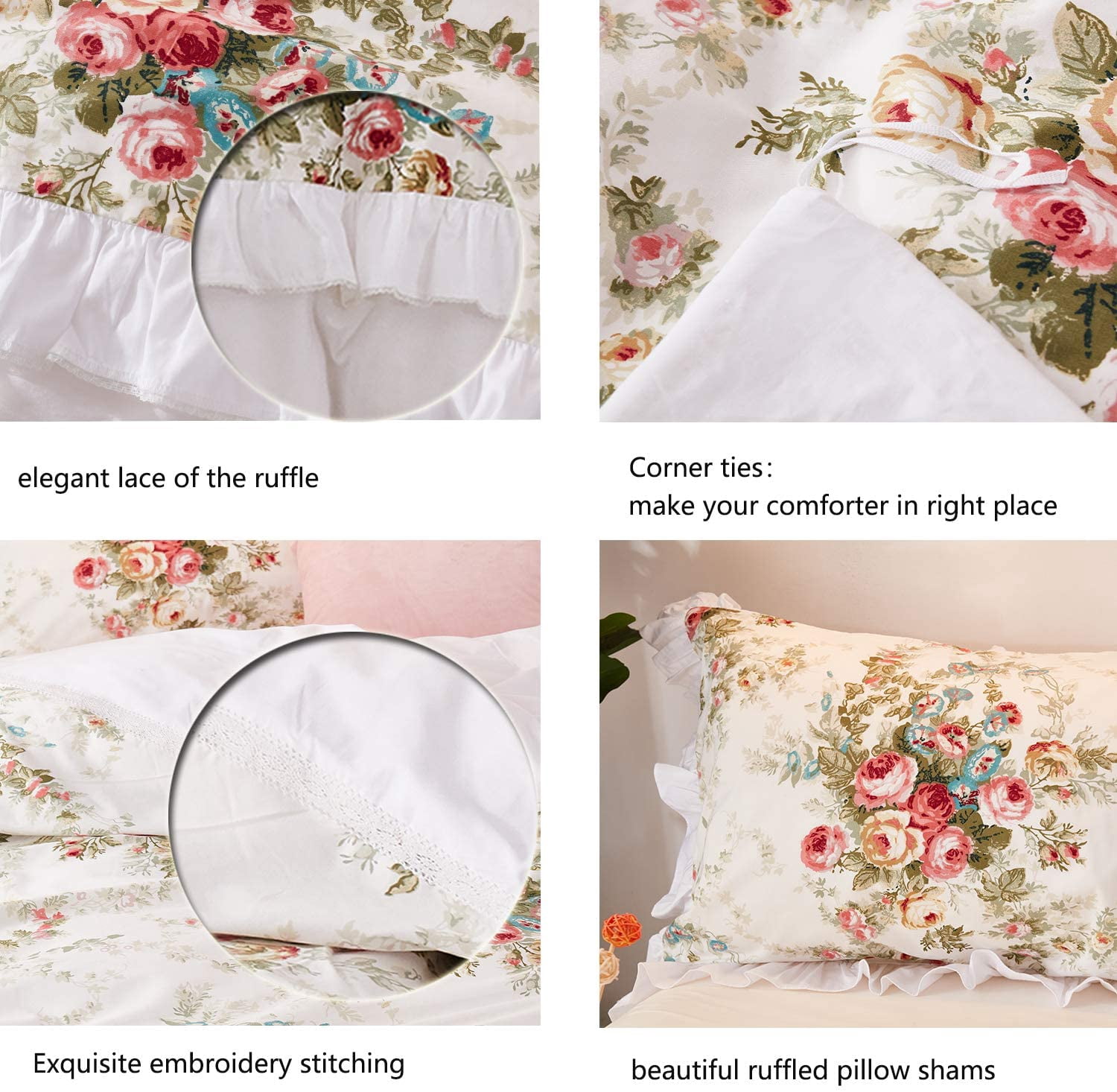 Antique Rose Bedding 100% Cotton Vintage Floral TwinXL Zipper Duvet Cover Shabby Retro Romantic Ruffle Bed Cover Bedroom Decor Soft 600 TC - No Insert