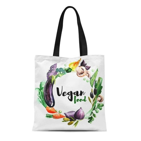 ASHLEIGH Canvas Bag Resuable Tote Grocery Shopping Bags Green Vegan Watercolor Lettering Food for Vegetarians Hand Round Vegetable Tote