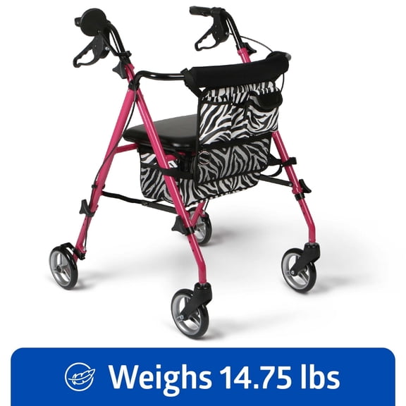 Medline Posh Premium Lightweight Aluminum Rollator Walker, Pink & Zebra Print, 250 lb. Weight Capacity, 6" Wheels
