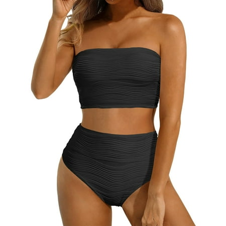 Rinsvye High Waisted Bandeau Bikini Women Two Cute Swimsuit with Shorts Set Women Strapless Two Womens Swim Bra Tops Piece Swimsuits Ribbed Longline Full Coverage Bathing Suits Swimwear