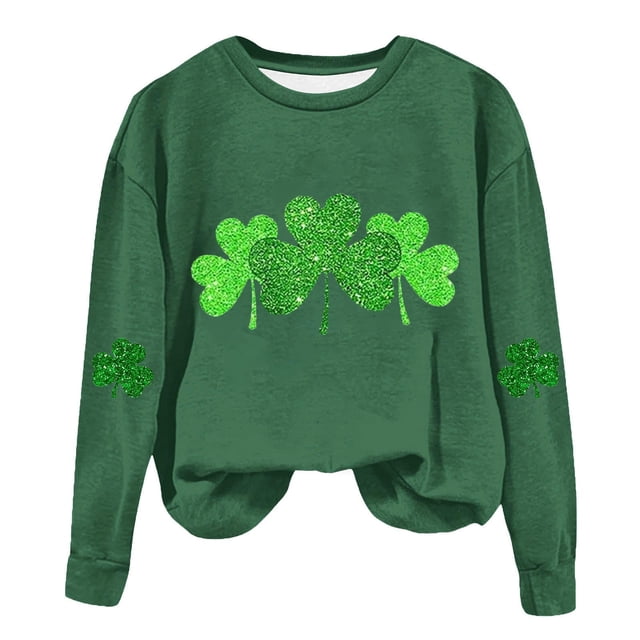 AherBiu Chandails en Molleton de la Saint-Patrick pour Femmes Col Rond Manches Longues Imprimé Trèfle Doublé en Polaire Vêtements de Printemps