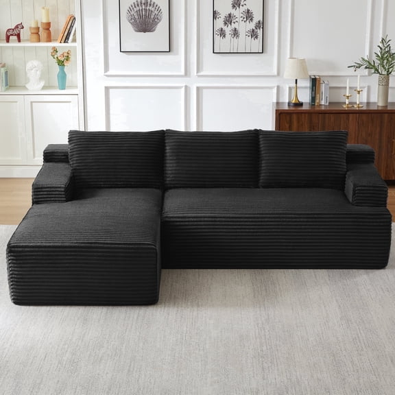 96 Inch Modular Sectional Couches for Living Room, Modern Boneless Sofa, Upholstered Deep Seat Cloud Couch, Corduroy Comfy L-Shape Sofas Couches, No Assembly Required, Black (Left Facing Chaise)