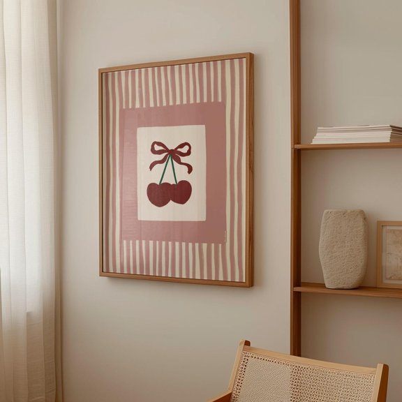 Kna Prints - Cherry With Bow Wall Art, Coquette Bow Print, Coquette Girly Wall Art, Trendy Dorm Decor, Pink Preppy , Ma Cherie Bedroom Print For Home Decor UNFRAMED-24x36