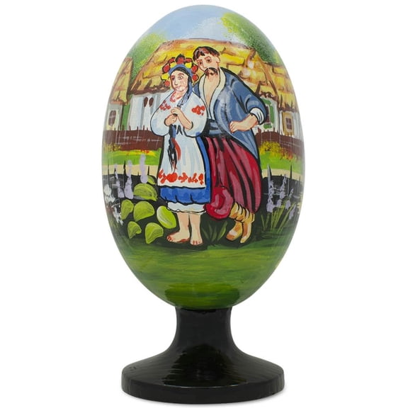 Ukrainian Couple in the Village Wooden Easter Egg Figurine 4.75 Inches