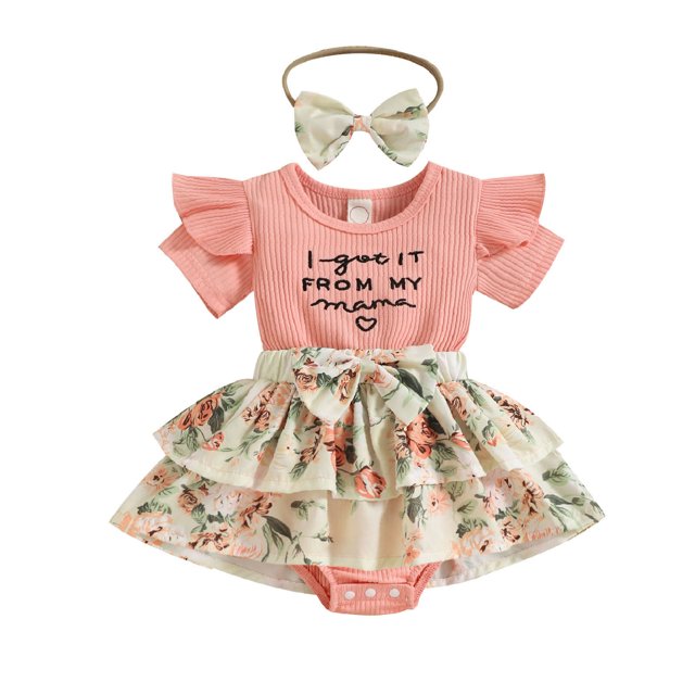 Vestido Para Niñas, Ropa Para Niñas Pequeñas, Moda Para Niños Pequeños, Estampado De Flores s, Volantes, Mono De Manga Corta, Falda Corta, Traje Con Lazo Rosa Odeerbi LM103-8552