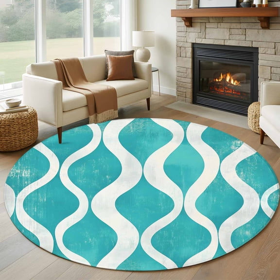Teal Wave Round Area Rug 6 FT, Non Slip Bedroom Area Rug, Modern Abstract Art Farmhouse Washable Soft Circular Carpet Non-Shedding Floor Mat for Kitchen Dining Room Home Office Kids Room