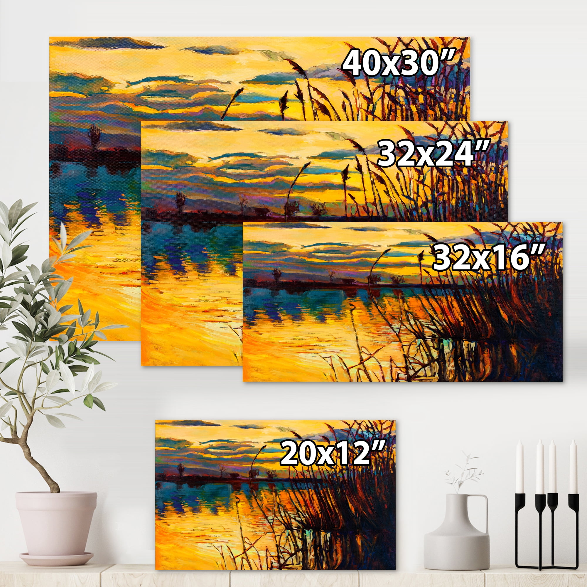 Designart ' Yellow Evening Glow Through The High Grass By The Lake ' Nautical & Coastal Canvas Wall Art Print
