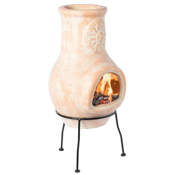 Outdoor Beige Clay Chiminea Outdoor Fireplace Sun Design Charcoal Burning Fire Pit with Sturdy Metal Stand, Barbecue, Cocktail Party, Family Gathering, Cozy Nights Fire Pit