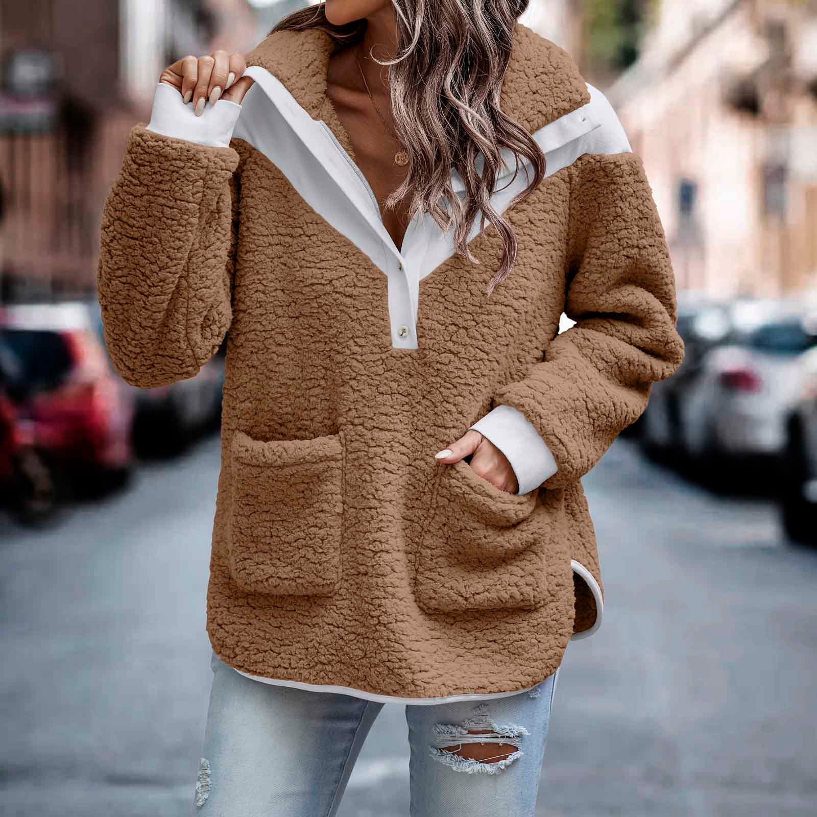 RQYYD Womens 2023 Winter Sherpa Fuzzy Fleece Sweatshirt Oversized