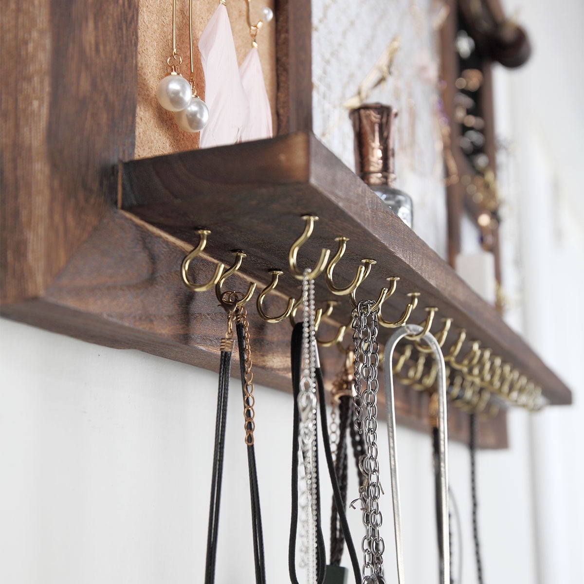 Kepooman Vintage Wall Mount Jewelry Rack, Rustic Jewelry Organizer Shelf with 16 Hooks for Earring Necklace Kepooman Vintage Wall Mount Jewelry Rack, Rustic Jewelry Organizer Shelf with 16 Hooks for Earring Necklace