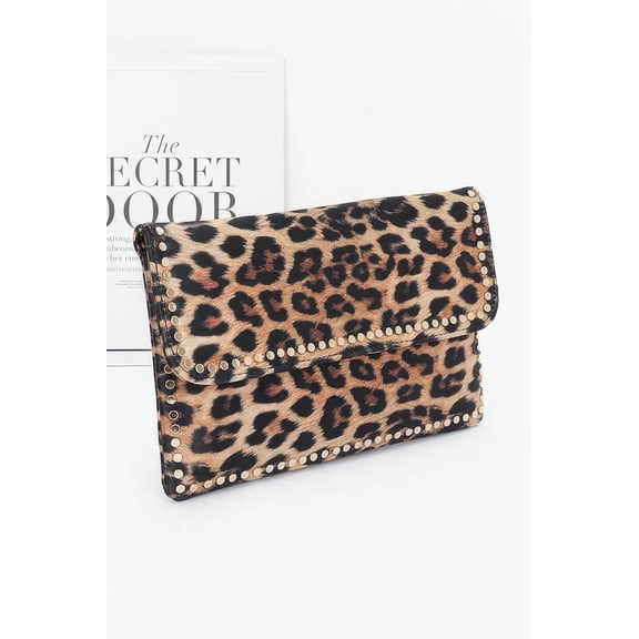 Nylon Leopard Metal Studded Clutch Bag