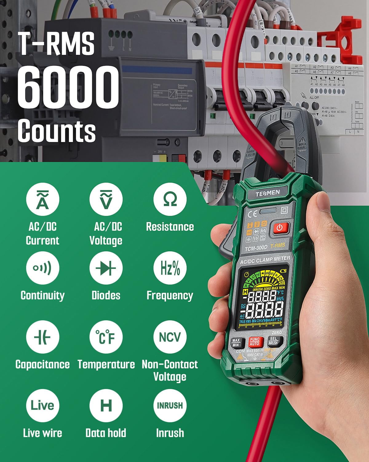 TESMEN TCM-300D TRMS Digital Clamp Meter, Auto-Ranging AC/DC Voltage and Current Tester, Multimeter with Backlit Display & NCV Detection