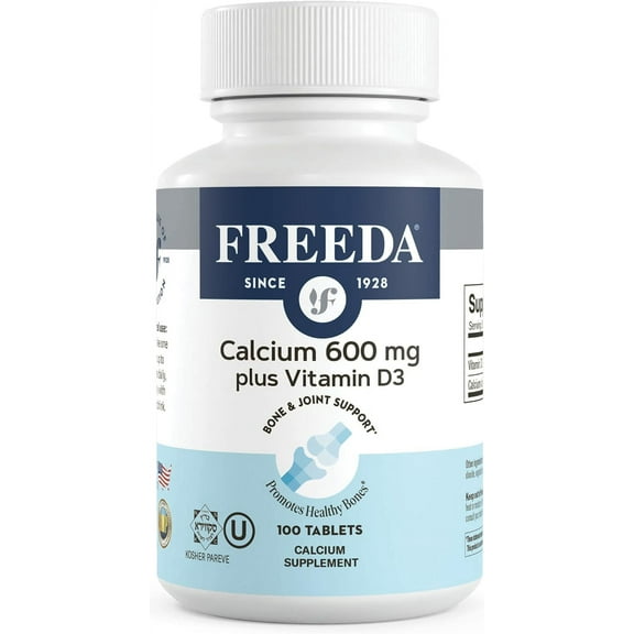 Freeda 600mg Calcium with Vitamin D3 400 IU Tablets Easy To Swallow Coated Calcium Supplements for Bone Support, 100 Count