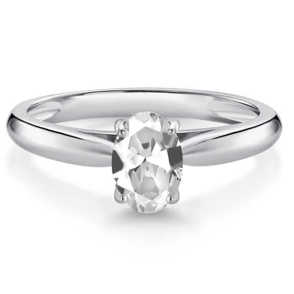 Gem Stone King 10K White Gold White Created Sapphire Solitaire Engagement Ring for Women (1.00 Cttw,  Gemstone September Birthstone, Oval 7X5MM, Size 7)