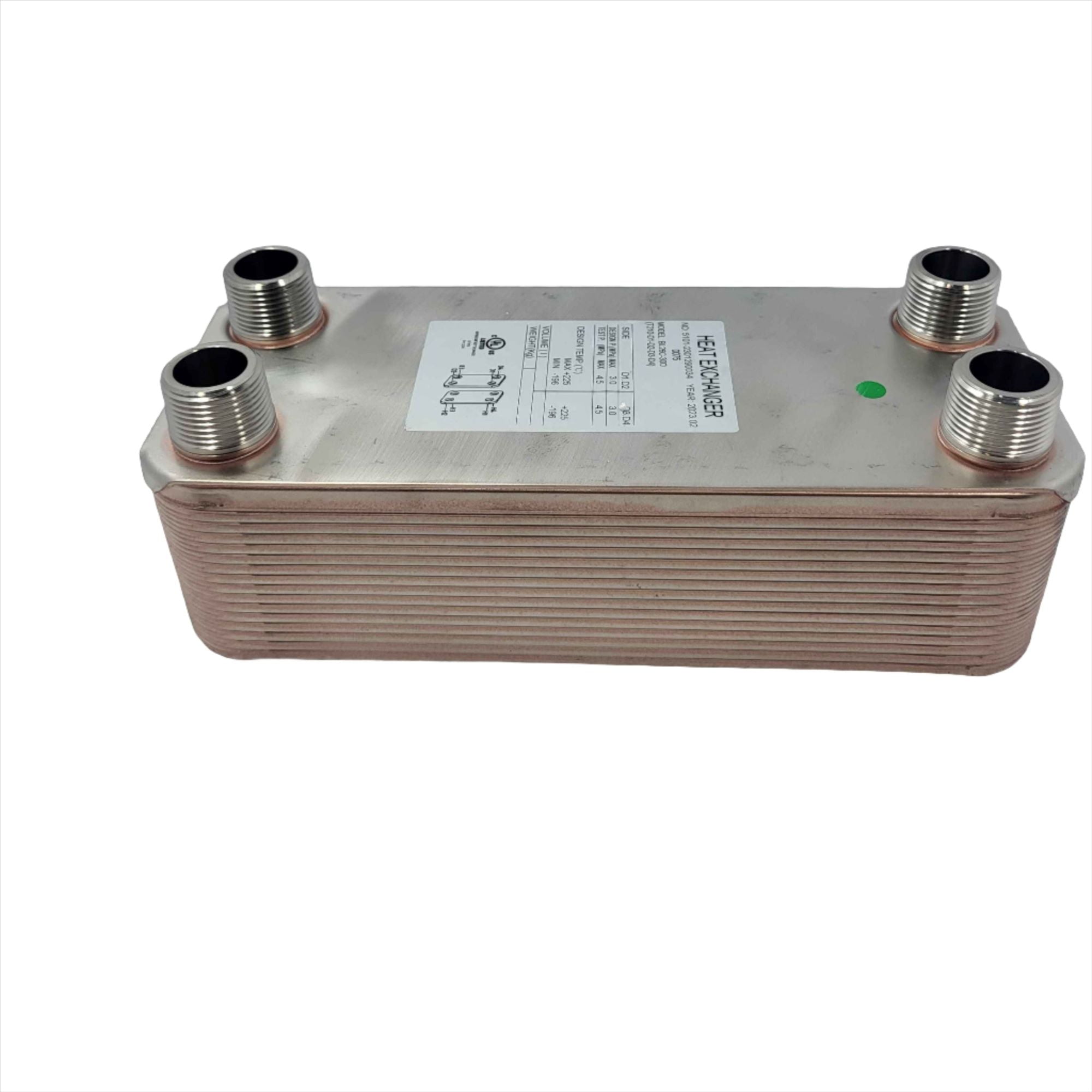30 Plate Water to Water Brazed Plate Heat Exchanger 1" MPT Ports With Brackets