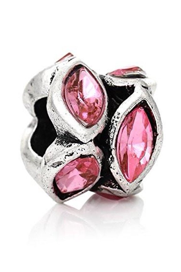 European Style Charm Beads Oval Antique Silver Pink Rhinestone