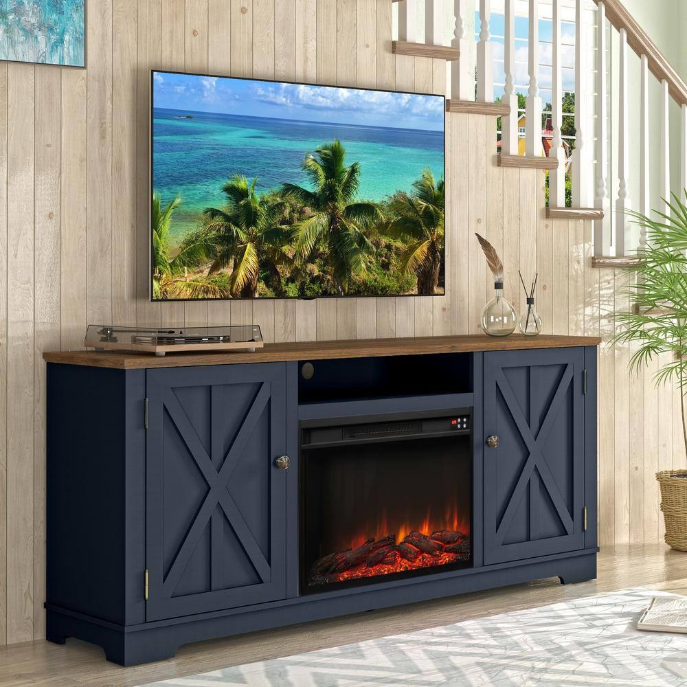 70" TV Stand with 26" Electric Fireplace-Navy