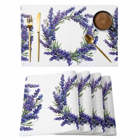 Summer Purple Lavender Wreath Placemats Set of 4 Country Watercolor Floral Green Leaf Non-Slip Place Mats Washable Table Mats for Kitchen Dining Table Decorations Indoor/Outdoor