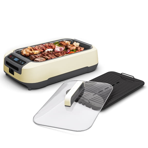 OVENTE Smokeless Indoor Grill, 1500W Electric Portable Korean BBQ Grill with One-Touch Control, LED Smart Display, Tempered Glass Lid, Two Removable Non-Stick and Dishwasher Safe Plates, White SGR85W