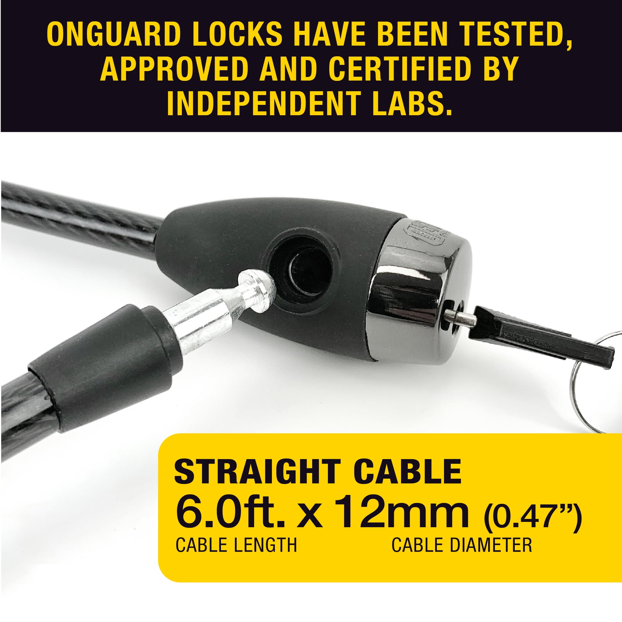 6ft length X 12mm Cable diameter. OnGuard Lock 6' Straight Cable Light-up Key 