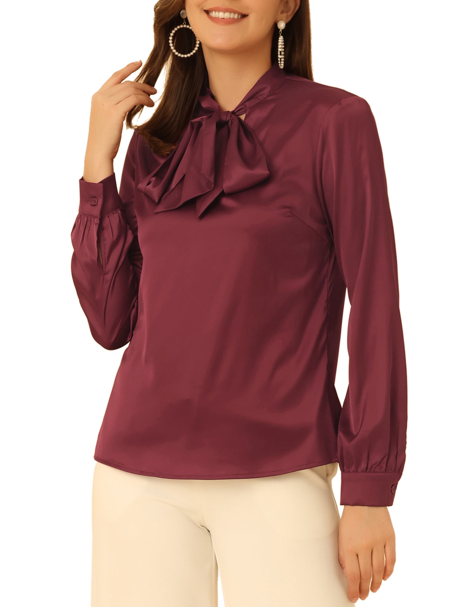 INSPIRE CHIC Women's Bow Tie Neck Solid Long Sleeve Satin Blouse