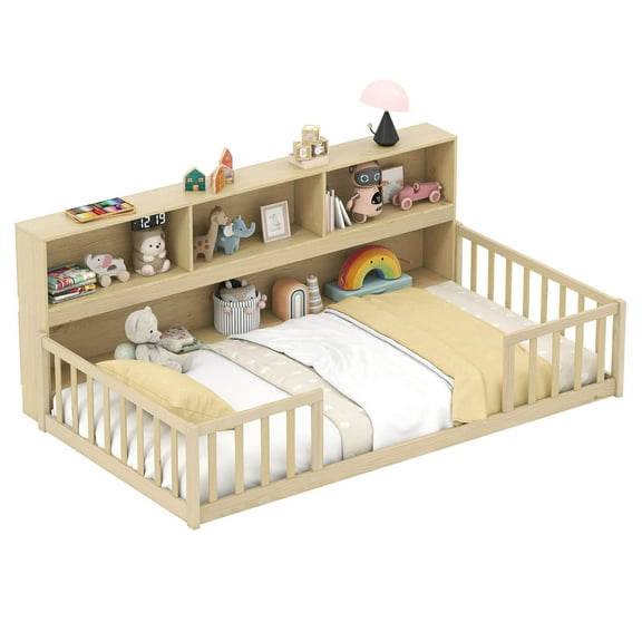 Costway Twin Size Montessori Floor Bed with Bookcase Storage Shelves & Safety Fence Rails Natural