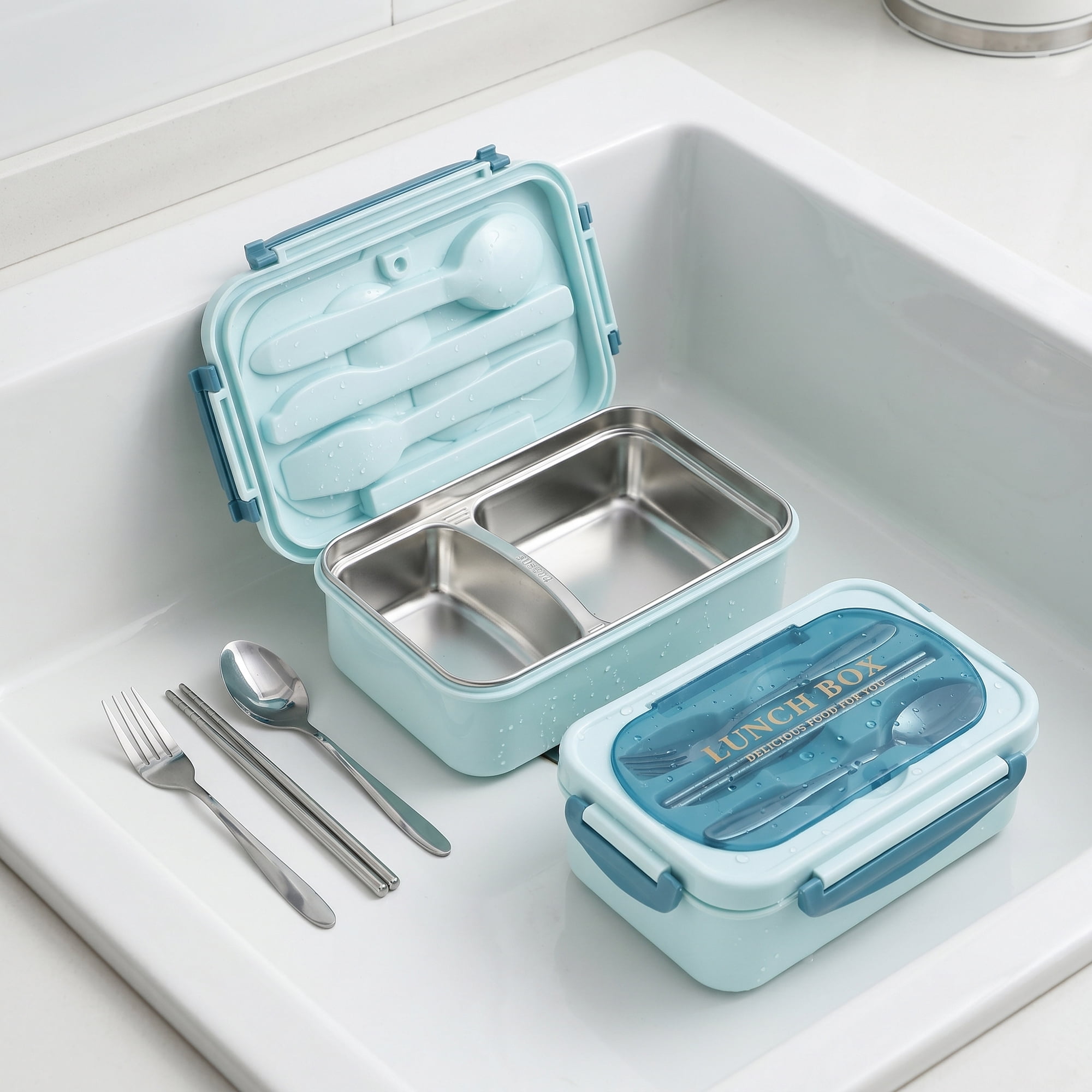 Unique Bargains 3-Compartment Leak-Proof  Lunch Bento Box with Utensils Royal Blue-2
