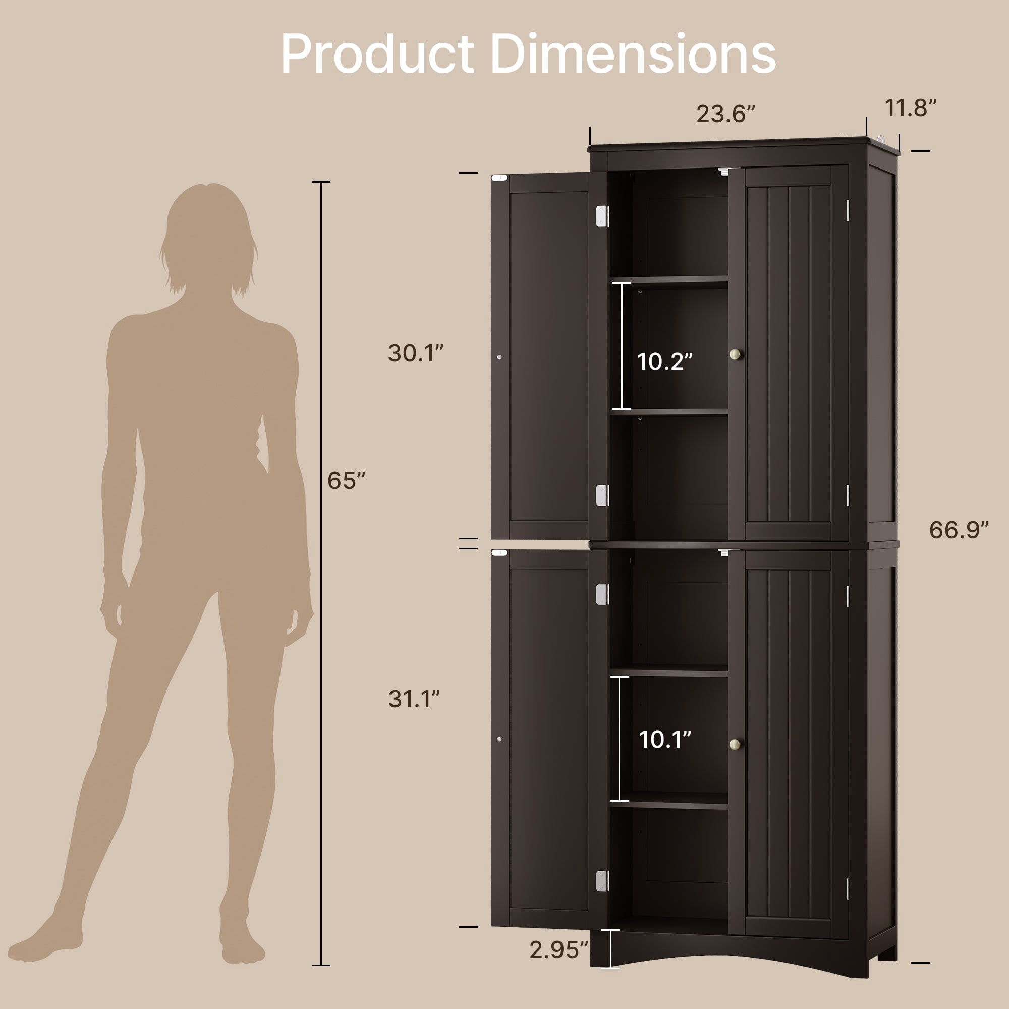 Aiho 66.9" Bathroom Storage Cabinet, Freestanding Wooden Linen Cabinet with 4 Doors & Adjustable Shelves for Bathroom, Kitchen, Black