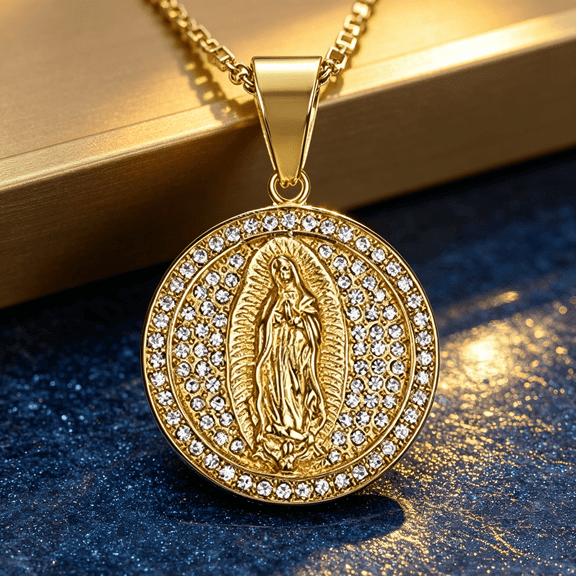 Round Embossed Religious Medallion Pendant Necklace for Men Women, 14K Gold Filled Glam Heritage Jewelry