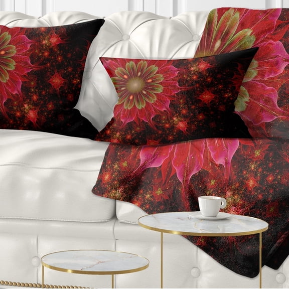 Designart Dark Red and Light Green Fractal Flowers - Abstract Throw Pillow - 12x20