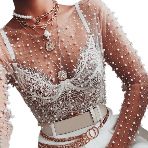 HLONK Women Long Sleeve Sheer Mesh Crop Top Pearls Rhinestone Cover Up Shirt Blouse