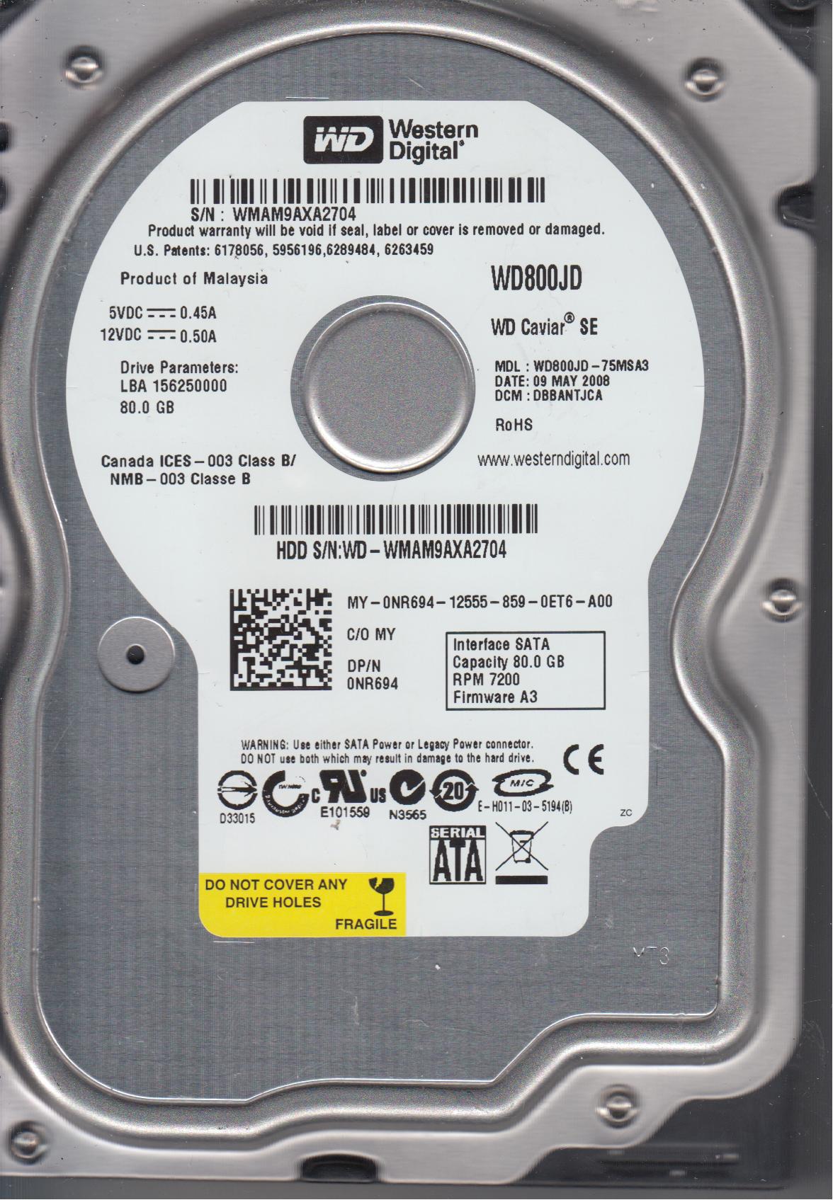 WD800JD75MSA3, DCM DBBANTJCA, Western Digital 80GB SATA 3.5 Hard Drive