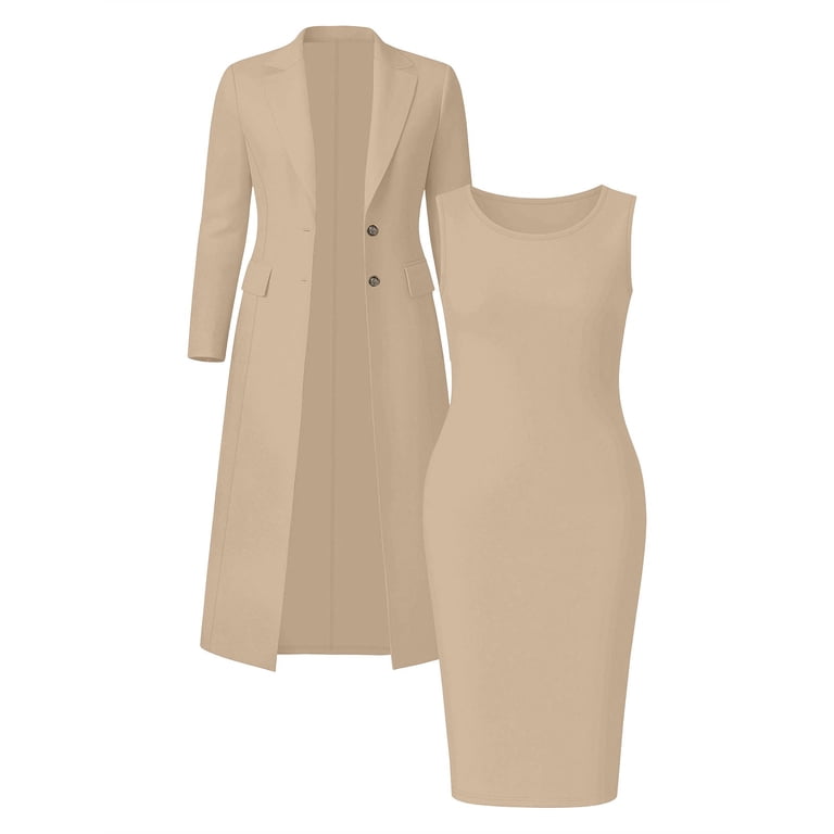 E Yan Business Casual Outfits for Women, 2 Piece Blazer and Dress Set, Long Sleeve Open Front Coat with Bodycon Midi Dress, Women's, Size: XL, Pink