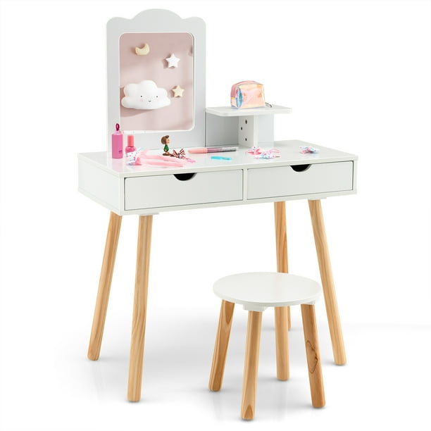 Costway Kid Vanity Table Chair Set with Mirror Large Storage Drawers